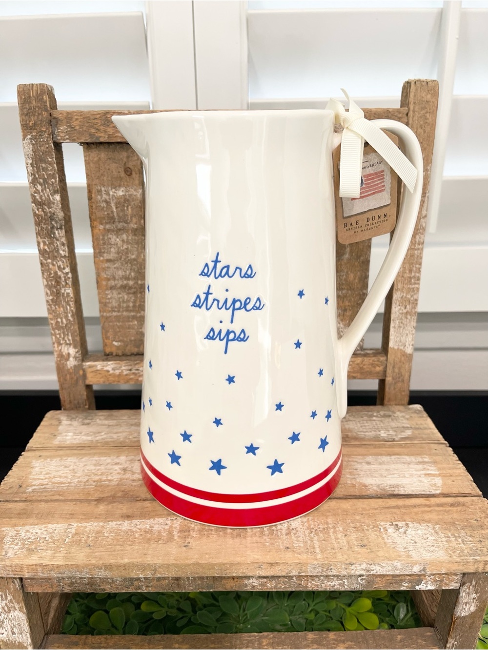 Rae Dunn Patriotic Pitcher “stars, stripes, sips” with Blue Stars and Red Stripe